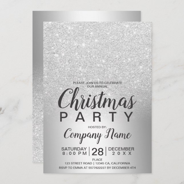Christmas corporate silver glitter ombre foil invitation (Front/Back)