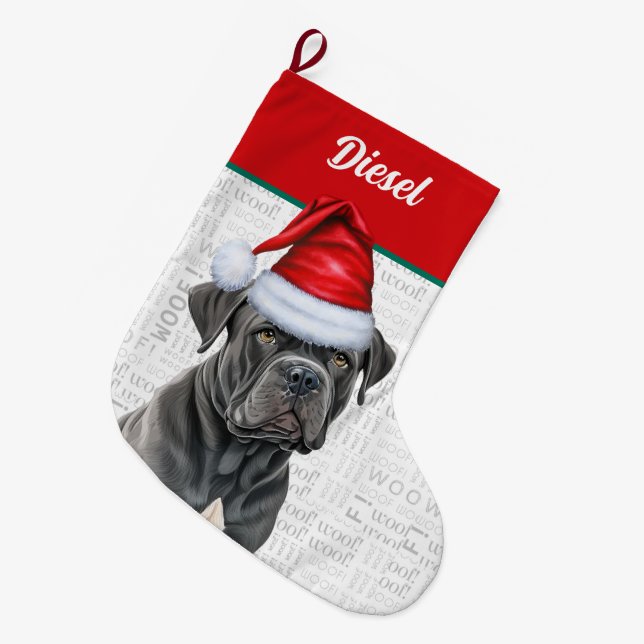 Christmas Corso Dog with Name Woof Background Large Christmas Stocking (Front (Hanging))