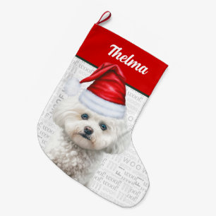 Christmas Coton de Tulear Name Woof Background Large Christmas Stocking
