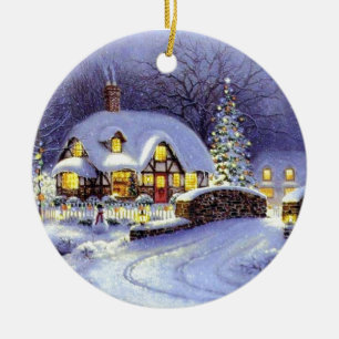 Christmas Cottage Ceramic Ornament