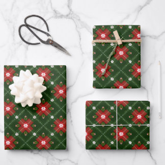 Christmas Cottagecore Plaid with Red Floral Cross  Wrapping Paper Sheet