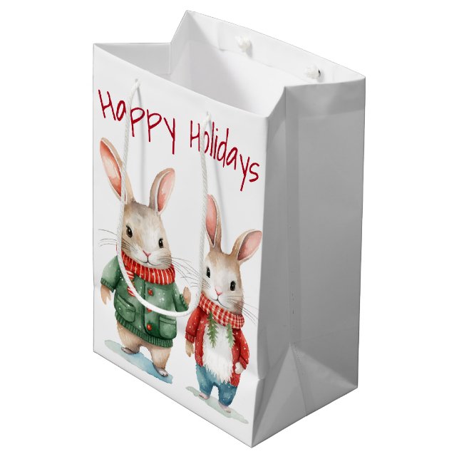 Christmas Cottontail Rabbit Couple Medium Gift Bag (Front Angled)