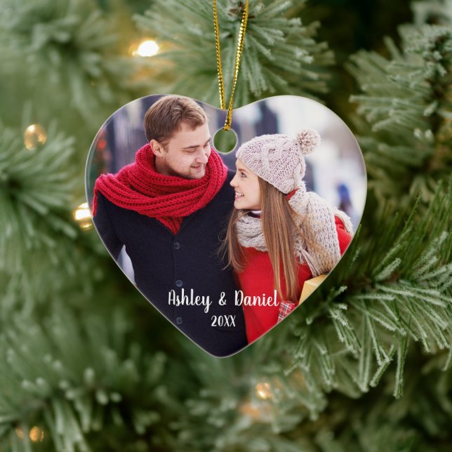 Christmas Couple Photo Red Heart Snow Back Ceramic Ornament (Tree)