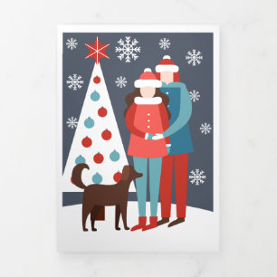 Christmas Couple With Dog And Tree Personalized Tri-Fold Holiday Card
