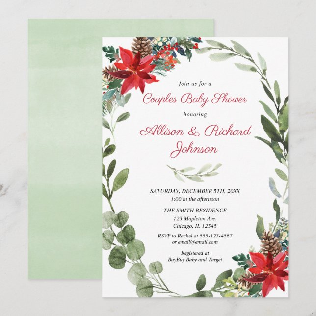 Christmas couples baby shower red greenery wreath invitation (Front/Back)