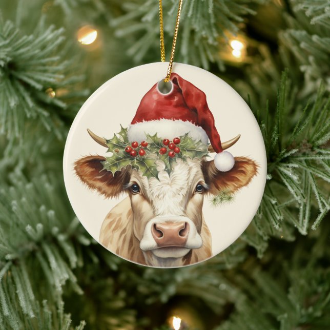 Christmas cow add text watercolor Ceramic Ceramic Ornament (Tree)