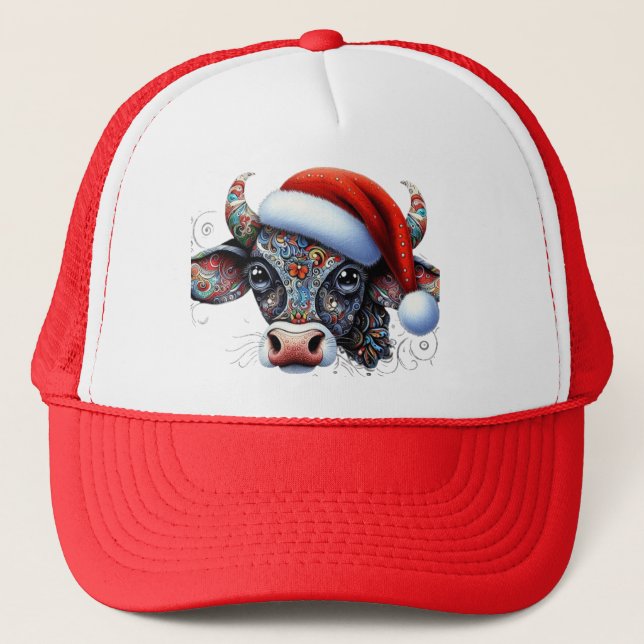 Christmas Cow Bull avec/Santa Hat Casquette folklo (Devant)