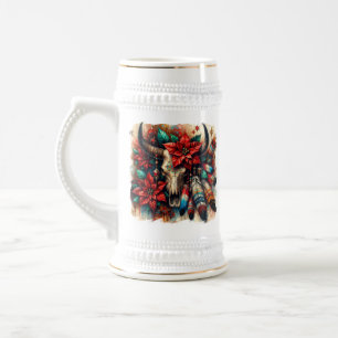 Christmas Cow Bull Skull Poinsettias Feathers Beer Stein