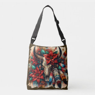 Christmas Cow Bull Skull Poinsettias Feathers Crossbody Bag