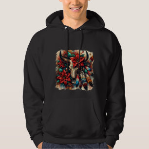 Christmas Cow Bull Skull Poinsettias Feathers Hoodie