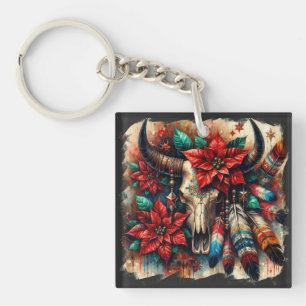 Christmas Cow Bull Skull Poinsettias Feathers Keychain