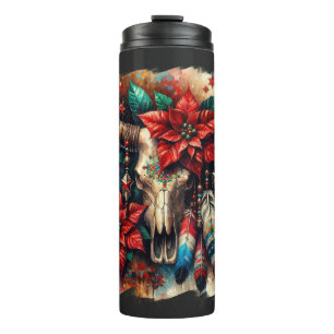 Christmas Cow Bull Skull Poinsettias Feathers Thermal Tumbler