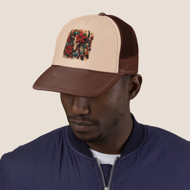 Christmas Cow Bull Skull Poinsettias Feathers Trucker Hat (In Situ)