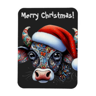Christmas Cow Bull w/Santa Hat Christmas Card Magnet