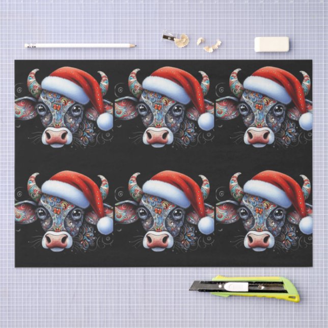 Christmas Cow Bull w/Santa Hat Folk Art Decoupage Tissue Paper (Craft)