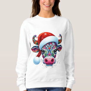 Christmas Cow Bull w/Santa Hat Mexican Folk Art Sweatshirt