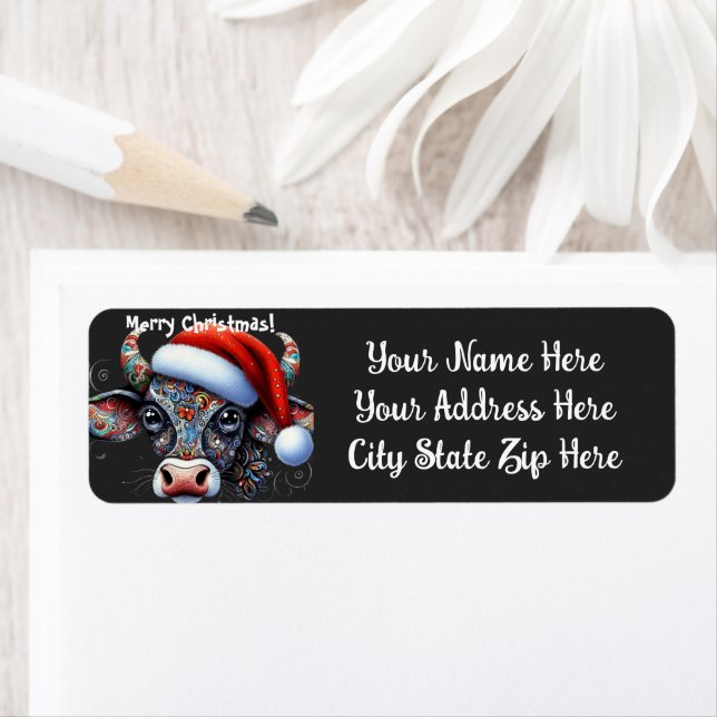 Christmas Cow Bull w/Santa Hat Return Address (Insitu)