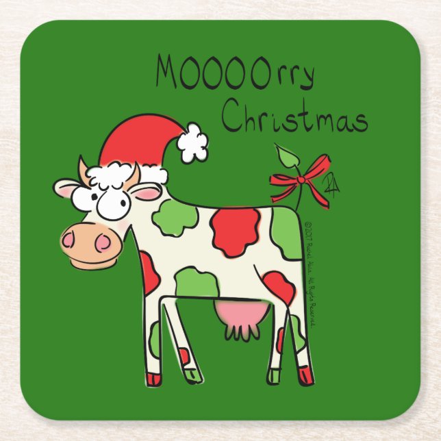 Christmas Cow Funny Cartoon Kids Square Paper Coaster (Front)
