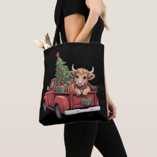 Christmas Cow Highland Cow in Truck Farm Xmas Tote Bag
