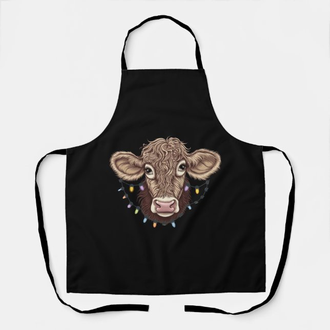 Christmas Cow Lover Lights Farm Farmer Xmas Apron (Front)