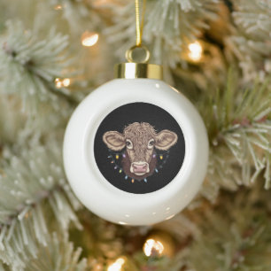 Christmas Cow Lover Lights Farm Farmer Xmas Ceramic Ball Christmas Ornament