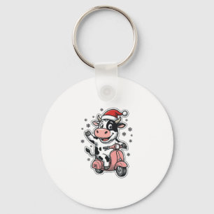 Christmas Cow Riding Pink Scooter Vintage Vector_1 Keychain