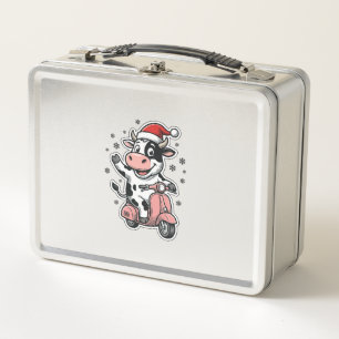Christmas Cow Riding Pink Scooter Vintage Vector_1 Metal Lunch Box