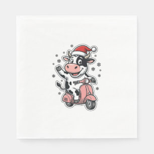 Christmas Cow Riding Pink Scooter Vintage Vector_1 Napkin