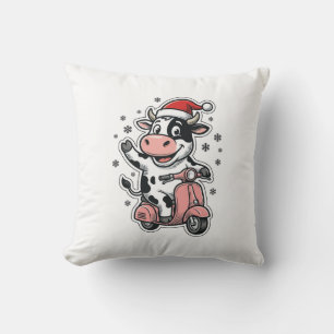 Christmas Cow Riding Pink Scooter Vintage Vector_1 Throw Pillow