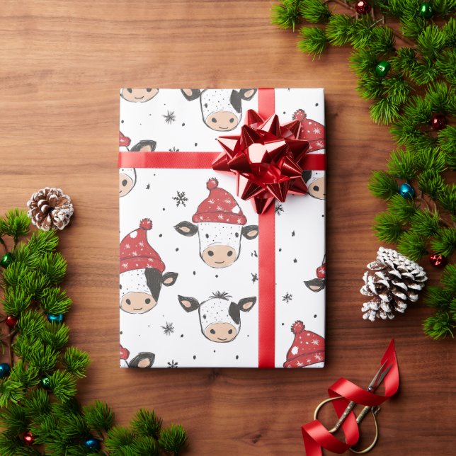 Christmas Cow Santa Cute Red Black and White Wrapping Paper (Holiday Gift)