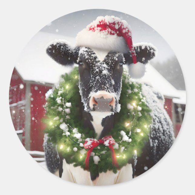 Christmas Cow Wearing a Wreath Classic Round Sticker (Front)