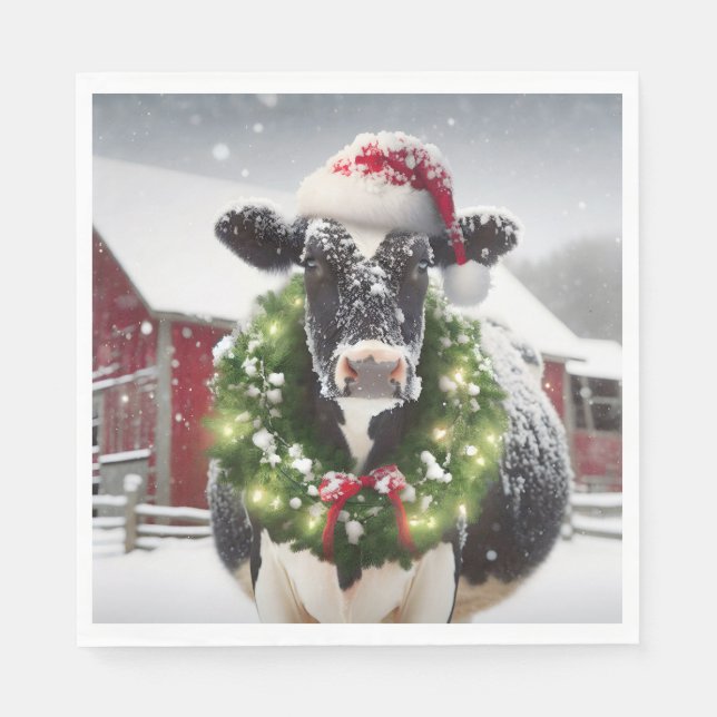 Christmas Cow Wearing a Wreath Napkin (Front)