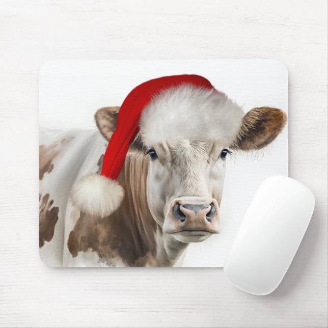 Christmas Cow with Santa Hat Mouse Pad (With Mouse)