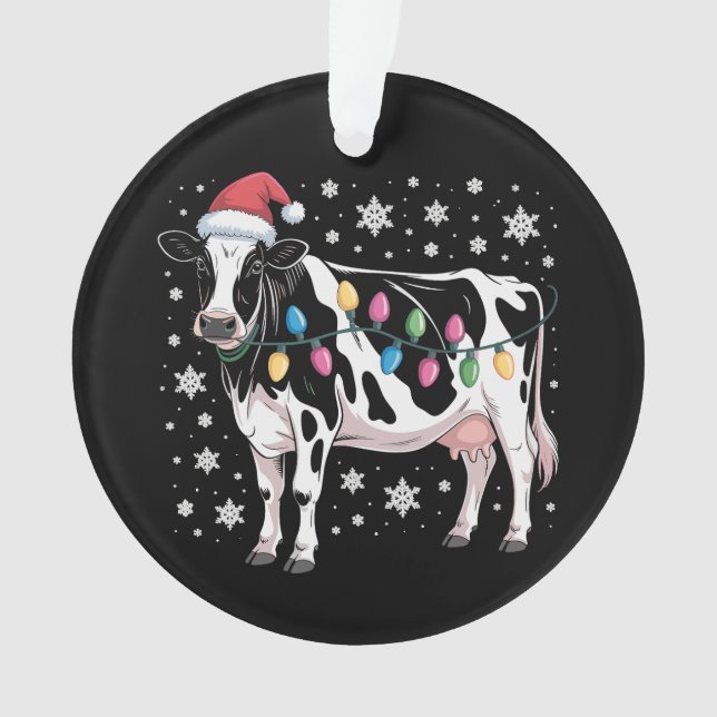 Christmas Cow Xmas Lights Santa Hat Farm Holiday Ornament (Front)