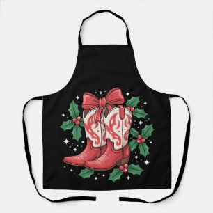 Christmas Cowboy Boots Holly Bow Western Country Apron