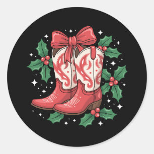 Christmas Cowboy Boots Holly Bow Western Country Classic Round Sticker
