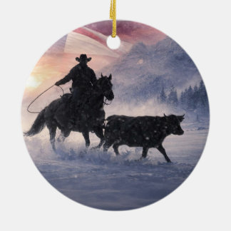 Christmas Cowboys Western Roping Ceramic Ornament