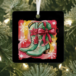 Christmas Cowgirl Boots Preppy Western Coquette  Metal Ornament