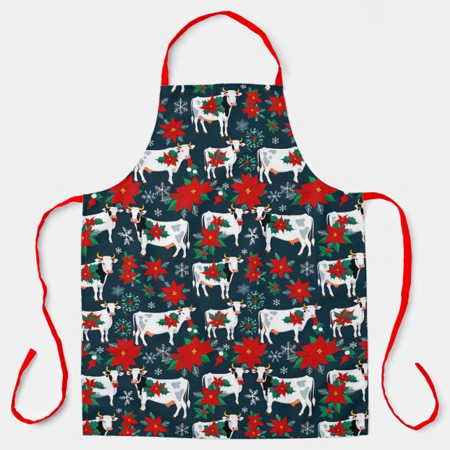 Christmas Cows and Poinsettias Apron (Front)