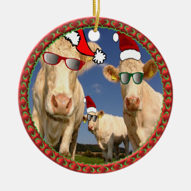 Christmas cows with glasses on and red Santa hats Ceramic Ornament (Front)