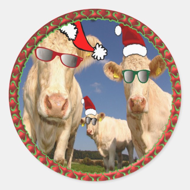 Christmas cows with glasses on and red Santa hats Classic Round Sticker (Front)