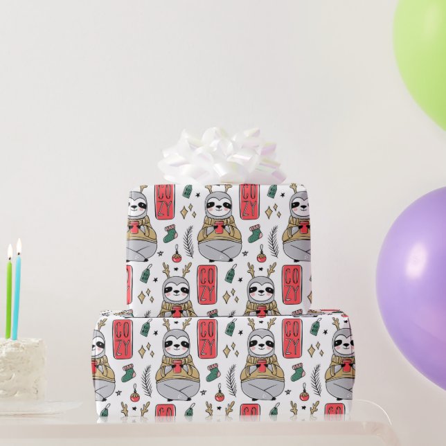 Christmas Cozy Winter Sloth Cute Modern Pattern Wrapping Paper (Party Gifts)