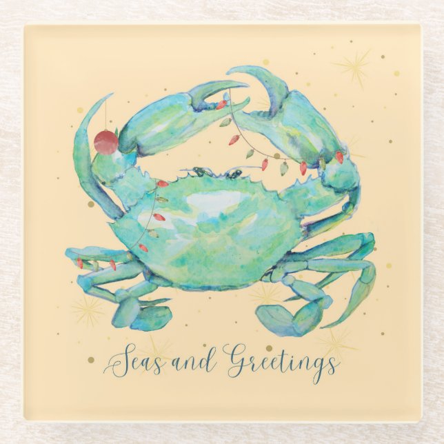 Christmas Crab Beach Glass Coaster (Front)