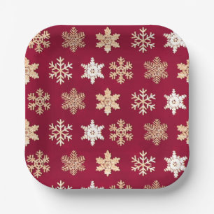 Christmas cranberry gold snowflakes paper plate