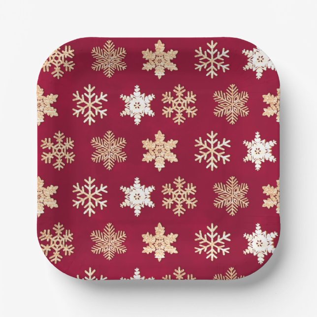 Christmas cranberry gold snowflakes paper plate (Front)