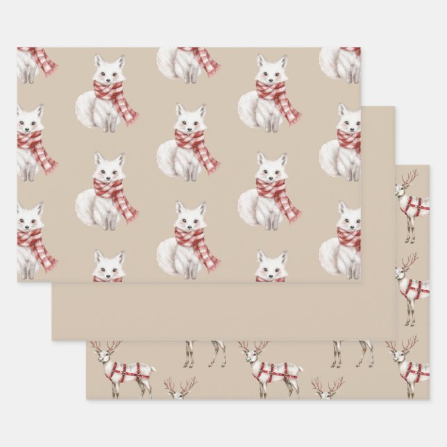 Christmas Cream Red White Peppermint Fox Deer Wrapping Paper Sheet (Set)