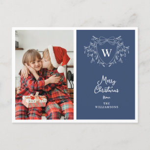 Christmas crest classy blue & white photo holiday postcard