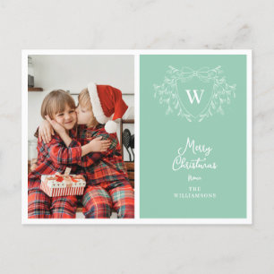 Christmas crest classy mint & white photo holiday postcard