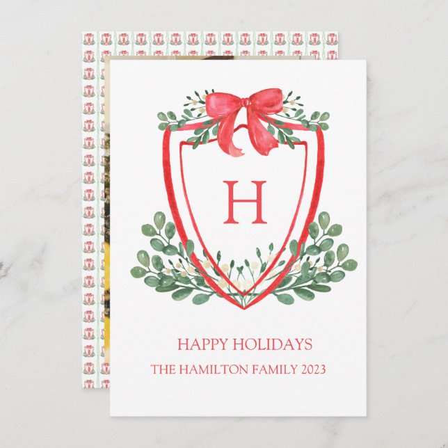 Christmas Crest Monogram Photo  Holiday Card (Front/Back)