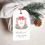 Christmas Crest | Whimsical Holiday Wedding Favour Gift Tags<br><div class="desc">These stunning,  vintage style holiday wedding favour gift tags feature a colourful,  whimsical Christmas design. A bright red crest with your monogram and a bow is surrounded by watercolor green botanical foliage,  and modern handwritten script says "thank you."</div>